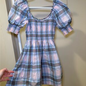 Hill House Plaid Puff-Sleeve Babydoll Dress in Pink + Blue- NAP DRESS